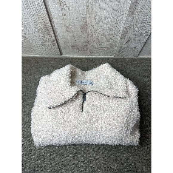 Hollister Sherpa Pullover Fuzzy Crop Sweater Womens Size S Beige Zip Mock Collar - Picture 3 of 7